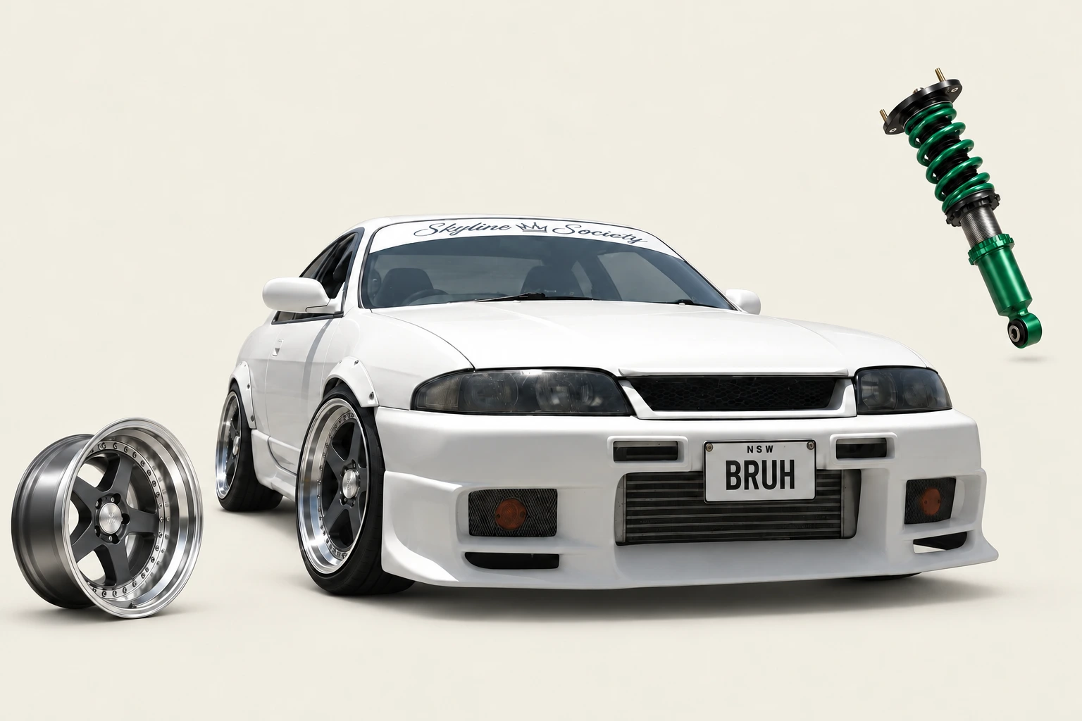 BRUH Anatomy artwork with dark gunmetal five-spoke wheel and green TEIN-style coilover